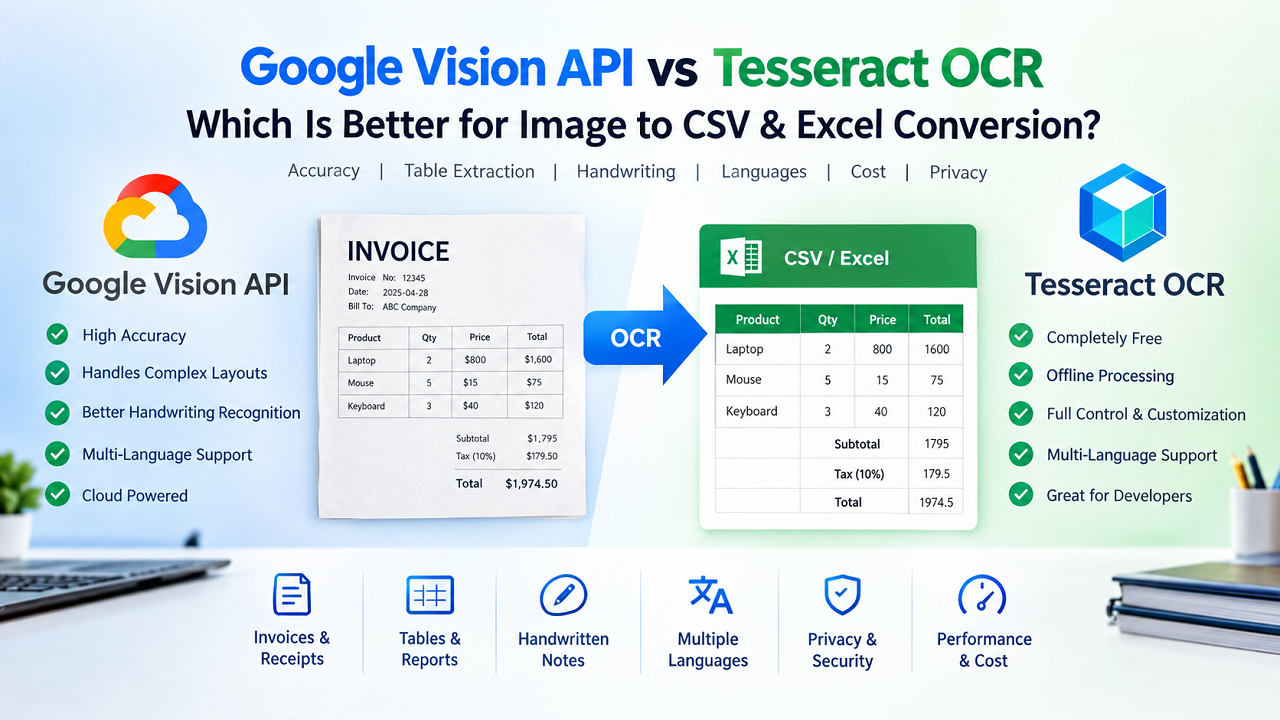Google Vision API vs Tesseract OCR comparison for image to CSV and Excel conversion